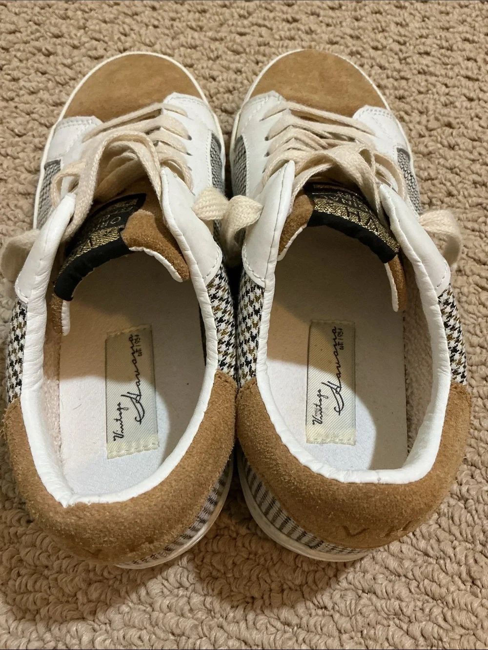 Vintage Havana Tan Suede & White Leather Sneakers with Houndstooth Trim